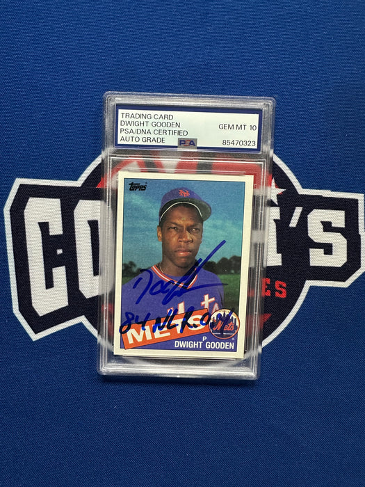 Dwight "Doc" Gooden Autographed 1985 Topps Rookie Slabbed Card w/ Inscr Gem 10 Auto (PSA Slab)
