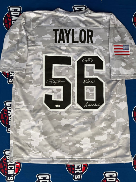 Lawrence Taylor Autographed NY Giants CUSTOM Salute To Service Camo Jersey w/ God Bless America (JSA)
