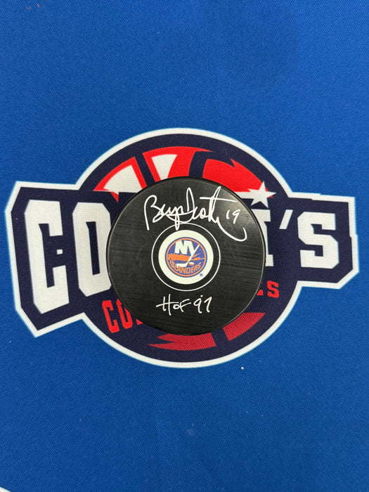 Bryan Trottier Autographed NY Islanders Logo Puck w/ HOF 97 (JSA)