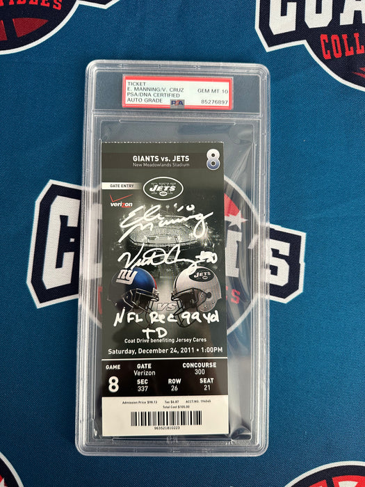 Eli Manning & Victor Cruz DUAL Autographed 99yd TD Record Ticket Stub with Inscription GEM MINT 10 Auto(PSA Slab)