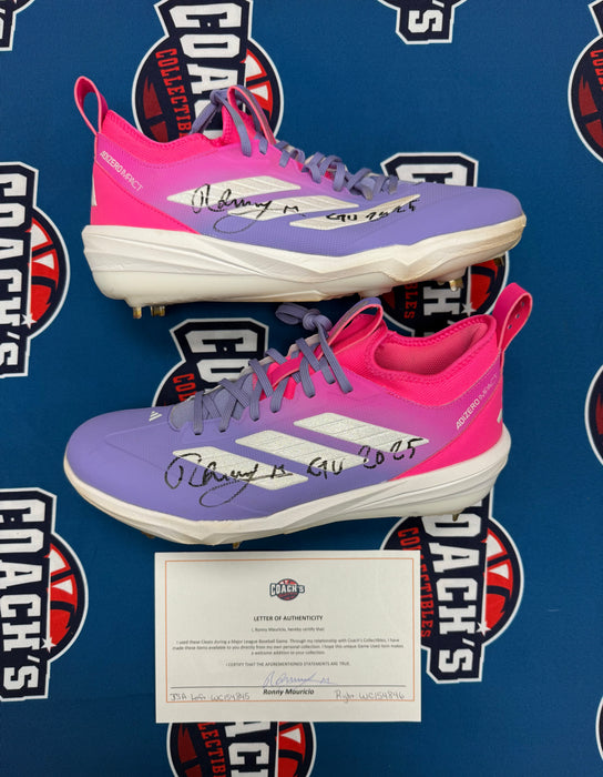 GAME USED Ronny Mauricio Autographed PAIR of Adidas Cleats w/ Game Used 2025 Inscription (JSA)
