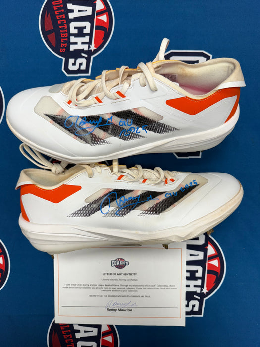 GAME USED Ronny Mauricio Autographed PAIR of Adidas Cleats w/ Game Used 2025 Inscription (JSA)