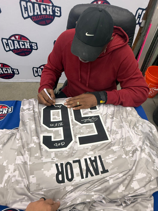 Lawrence Taylor Autographed NY Giants CUSTOM Salute To Service Camo Jersey w/ God Bless America (JSA)
