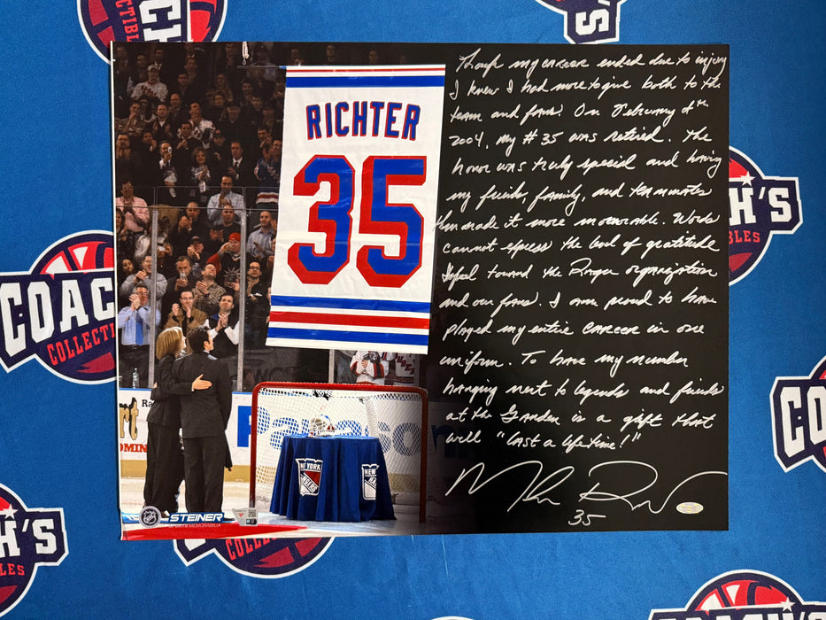 Mike Richter Autographed 16x20 Photo with FULL Jersey Retirement Game Story Inscription (Fanatics/Steiner)