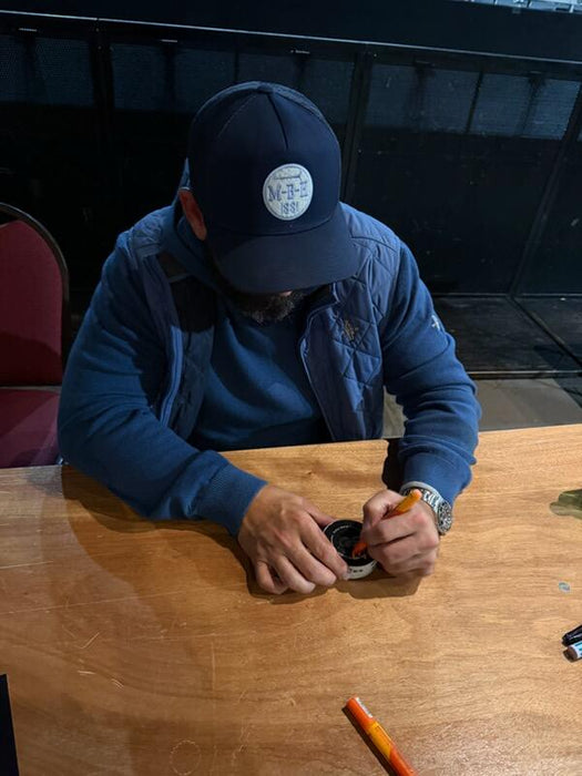 Cal Clutterbuck, Casey Cizikas & Matt Martin TRIPLE Autographed NY Islanders Logo Puck w/ Inscr (JSA)