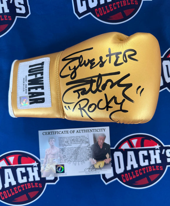 Sylvester Stallone Autographed "Rocky" Tuf Wear Gold Glove with “Rocky” Inscription  (ASI)