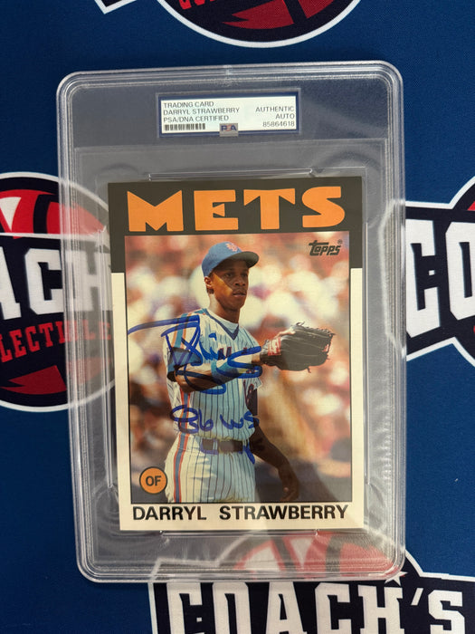 Darryl Strawberry Autographed 1986 JUMBO Topps 5x7 Card w/ 86 WS Champs (PSA SLAB)