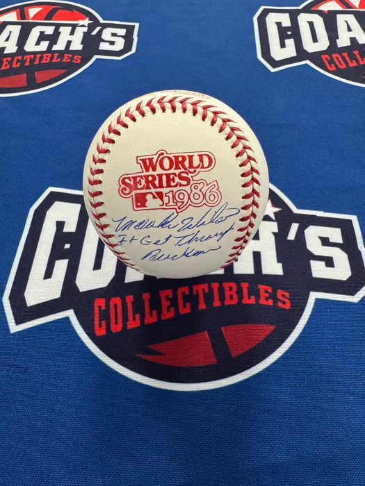 Mookie Wilson Autographed 1986 World Series Baseball w/ It Gets Through Buckner (JSA)