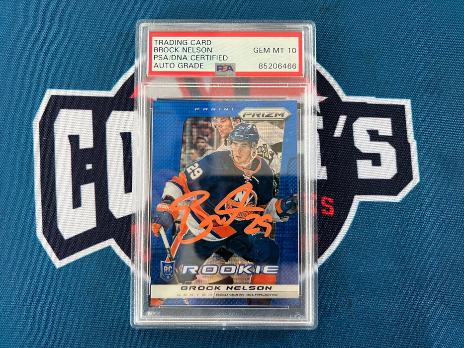 Brock Nelson Autographed 2013 Panini Prizm Blue Refractor Rookie Card Slabbed #263 GEM 10 (PSA SLAB)