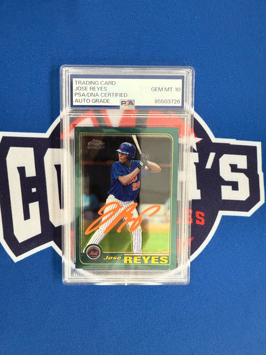 Jose Reyes Autographed NY Mets 2001 Topps Chrome Rookie Trading Card GEM 10 (PSA SLAB)