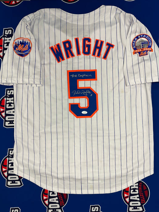 David Wright Autographed NY Mets CUSTOM Pinstripe Jersey with The Captain Inscription (JSA)
