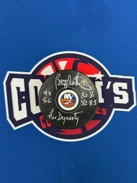 Bryan Trottier Autographed NY Islanders Logo Puck w/ 4x SC 80, 81, 82, 83 & The Dynasty (JSA)