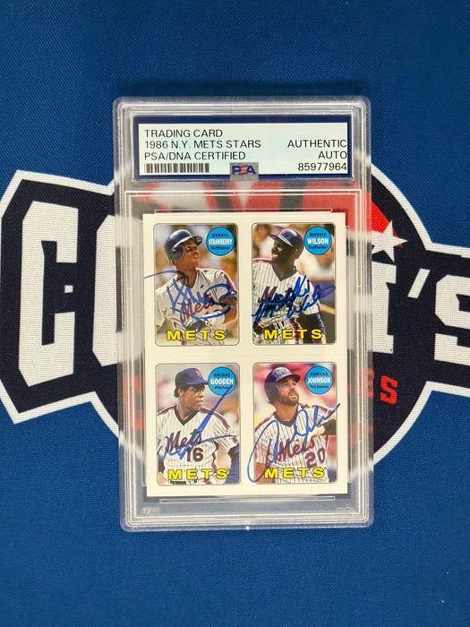 Darryl Strawberry, Doc Gooden, Mookie Wilson & Howard Johnson QUAD Autographed Topps Card (PSA SLAB)