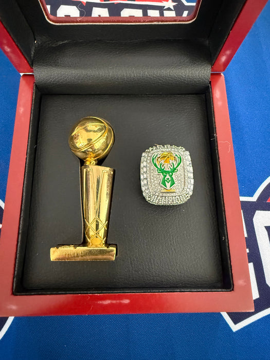 Milwaukee Bucks 2pc Replica 2021 NBA Championship Ring & Trophy with Display Box
