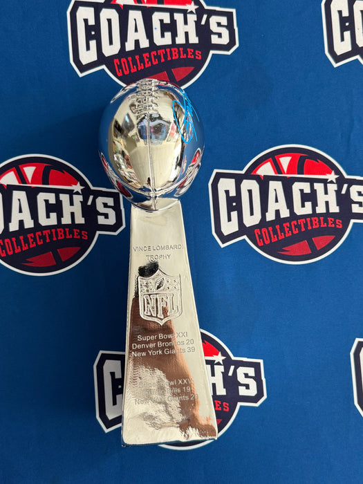 Lawrence Taylor Autographed 13" Replica Super Bowl Trophy w/ Engraved SB XXI & XXV Stats (JSA)