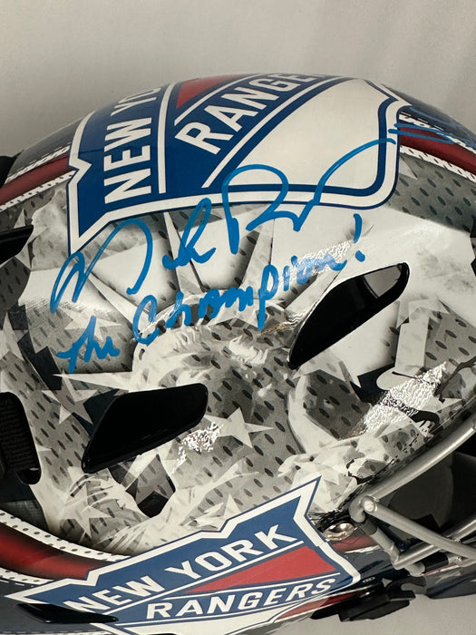 Henrik Lundqvist, Mike Richter & Igor Shesterkin TRIPLE Autographed& Inscribed NY Rangers Full Size Replica Goalie Mask (JSA/Fanatics)