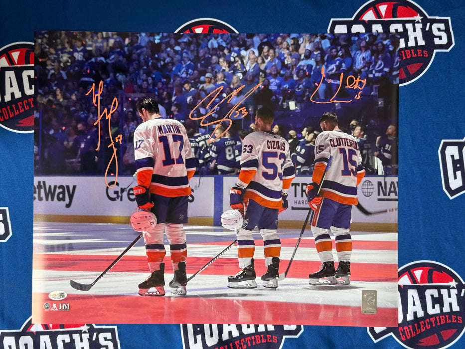 Cal Clutterbuck, Matt Martin & Casey Cizikas TRIPLE Autographed 16x20 Photo (JSA)