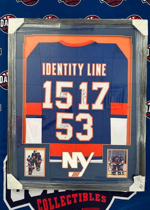 FRAMED Cal Clutterbuck, Matt Martin & Casey Cizikas TRIPLE Autographed CUSTOM NY Islanders Identity Line Jersey (JSA)