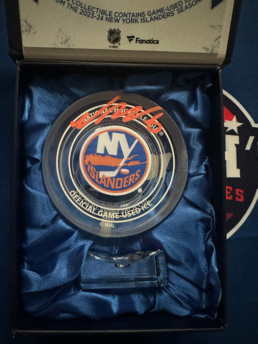 Noah Dobson Autographed NY Islander Crystal Puck-Filled with UBS Ice from 2023-2024 Season (Fanatics)