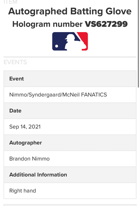 Brandon Nimmo Autographed NY Mets GAME USED Pair of Batting Gloves w/ Inscription (MLB/Fanatics)