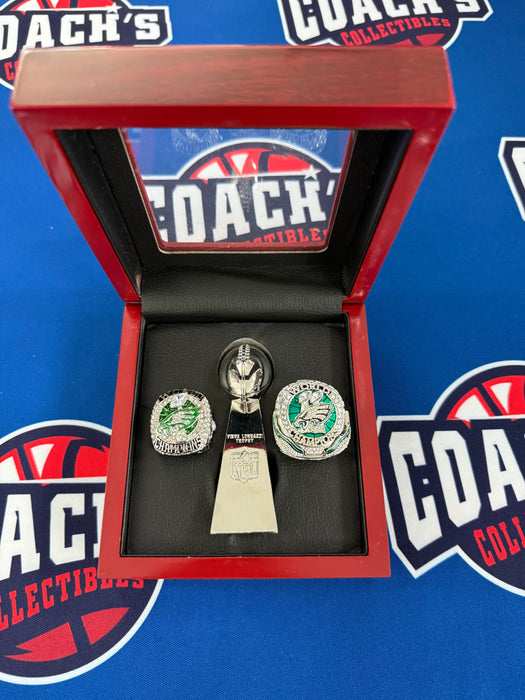 Philadelphia Eagles 3pc Replica Super Bowl LII & LIX Rings & Trophy with Display Box