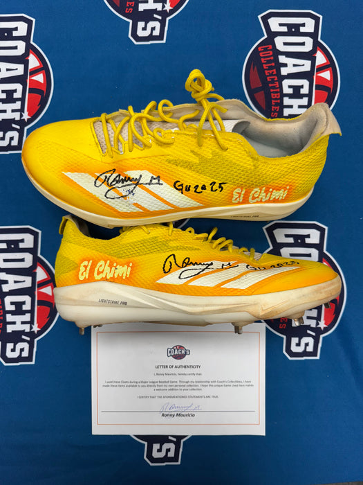 GAME USED Ronny Mauricio Autographed PAIR of Adidas Cleats w/ Game Used 2025 Inscription (JSA)