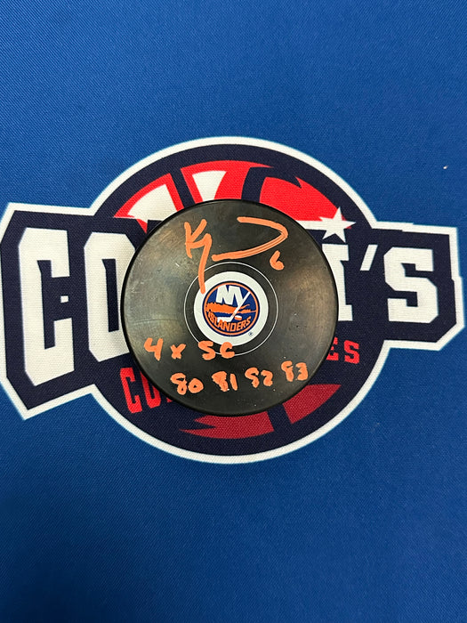 Ken Morrow Autographed NY Islanders Puck with 4x SC 80,81,82,83 Inscription (JSA)
