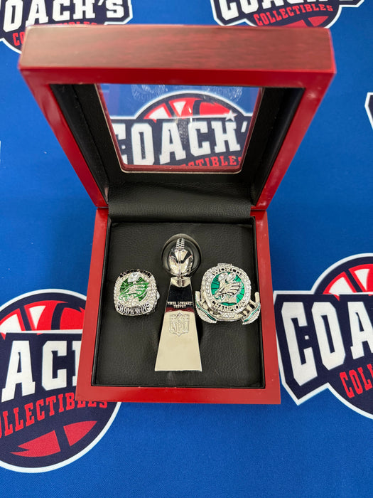 Philadelphia Eagles 3pc Replica Super Bowl LII & LIX Rings & Trophy with Display Box