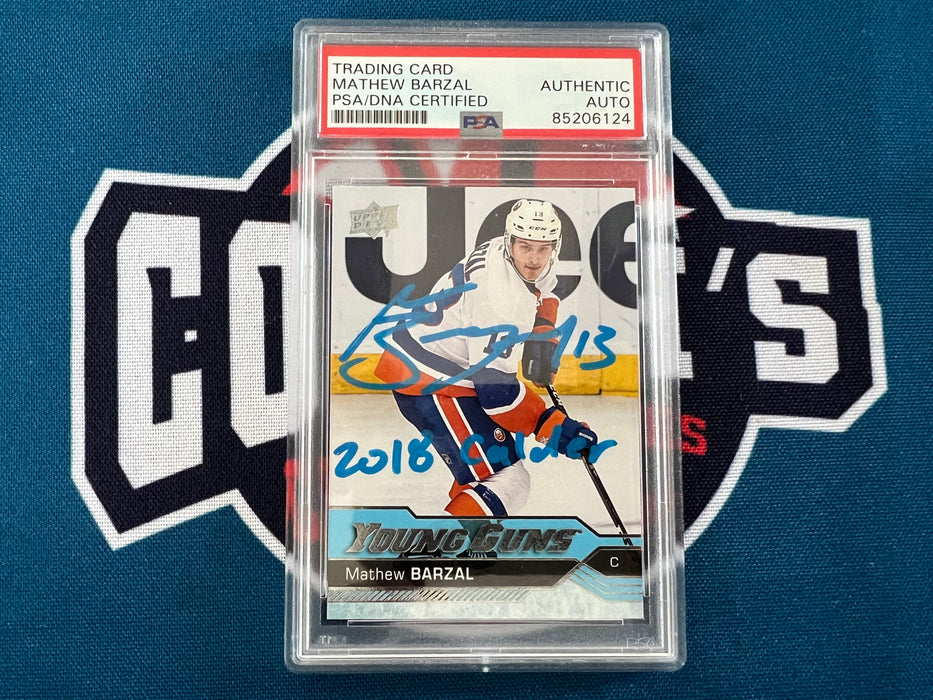 Mathew Barzal Autographed 2016 UD Young Guns Rookie Card Slabbed with Inscr #458 (PSA SLAB)