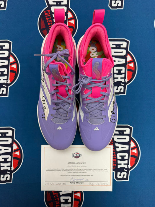 GAME USED Ronny Mauricio Autographed PAIR of Adidas Cleats w/ Game Used 2025 Inscription (JSA)