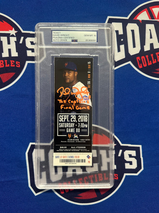 David Wright Autographed Final Game Stub with Inscription Gem 10 Auto Grade (PSA SLABBED)