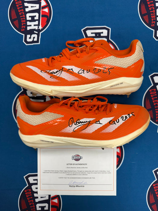GAME USED Ronny Mauricio Autographed PAIR of Adidas Cleats w/ Game Used 2025 Inscription (JSA)