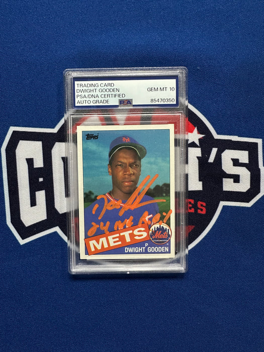 Dwight "Doc" Gooden Autographed 1985 Topps Rookie Slabbed Card w/ Inscr Gem 10 Auto (PSA Slab)