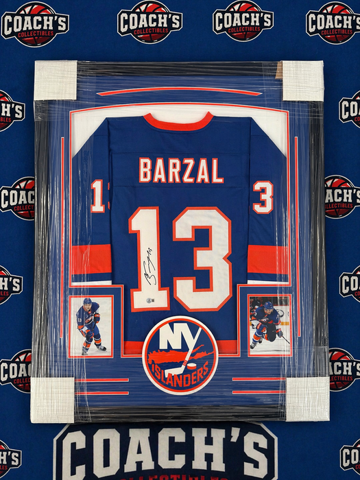 FRAMED Mathew Barzal Autographed CUSTOM NY Islanders Blue Home Jersey (JSA)