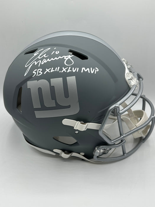 Eli Manning Autographed NY Giants Slate Authentic Helmet with SB XLII, XLVI MVP (Fanatics)