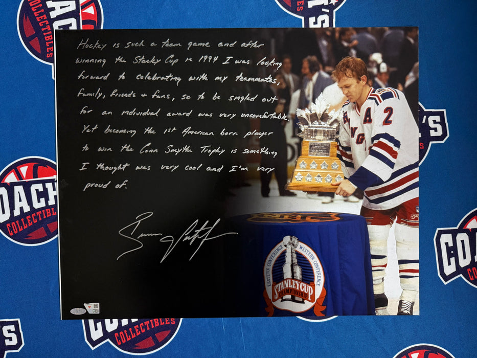Brian Leetch Autographed 16x20 Photo with FULL Story of Conn Smythe Award (Fanatics/Steiner)