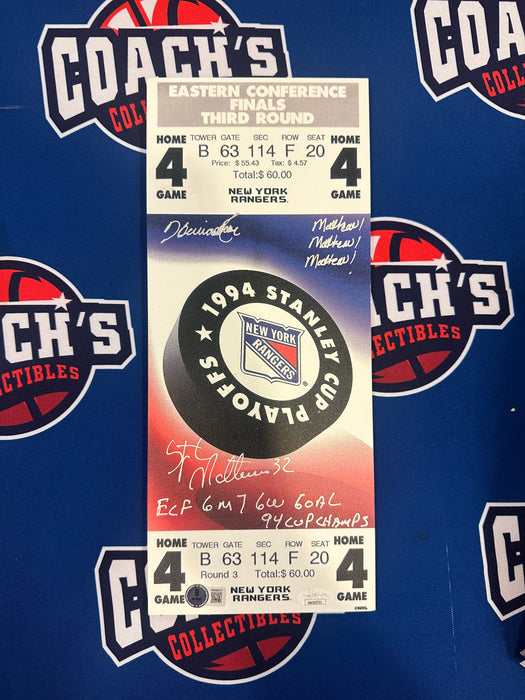 Howie Rose & Stephane Matteau DUAL Autographed NY Rangers ECF Game 7 Mini Mega Ticket with Inscr (JSA/Beckett)