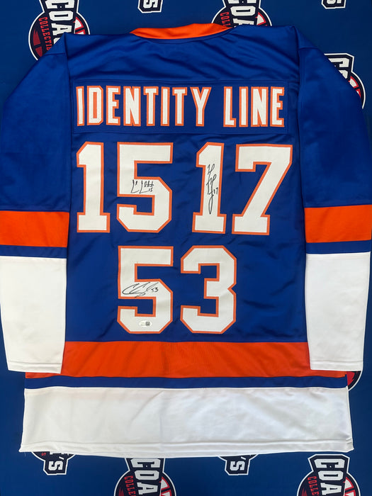 Cal Clutterbuck, Matt Martin & Casey Cizikas TRIPLE Autographed CUSTOM NY Islanders Identity Line Jersey (JSA)