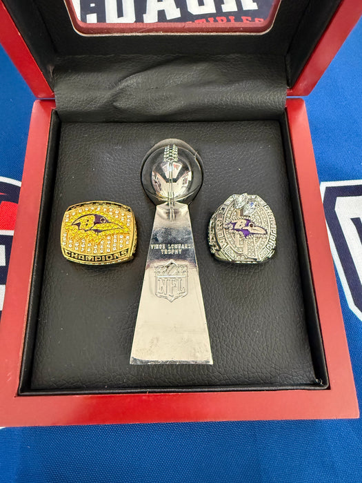 Baltimore Ravens 3pc Super Bowl Replica Ring & Lombardi Trophy Set w/ Display Box