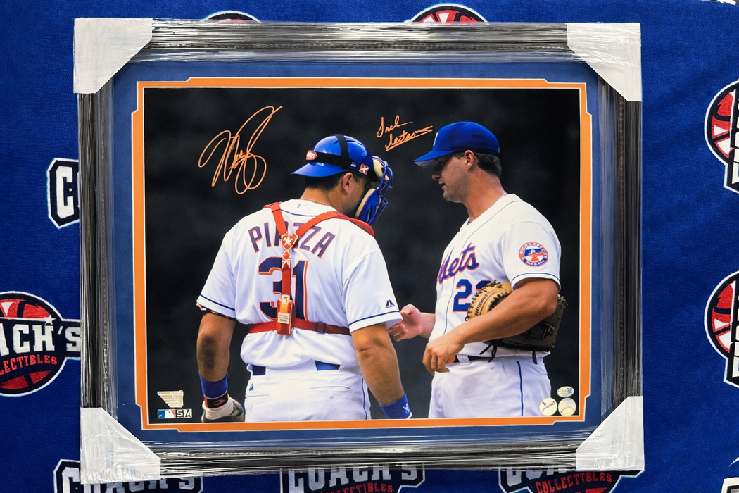 FRAMED Mike Piazza & Al Leiter DUAL Autographed NYPD Helmet 16x20 Photo (JSA/Fanatics)