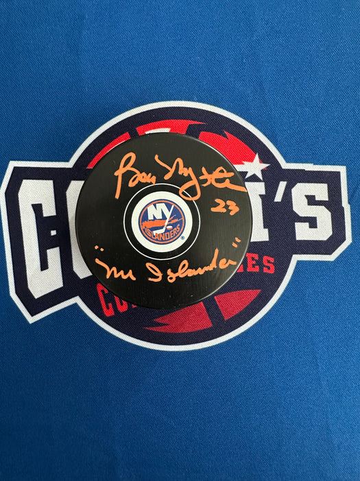 Bobby Nystrom Autographed NY Islanders Logo Puck w/ Mr. Islander (JSA)