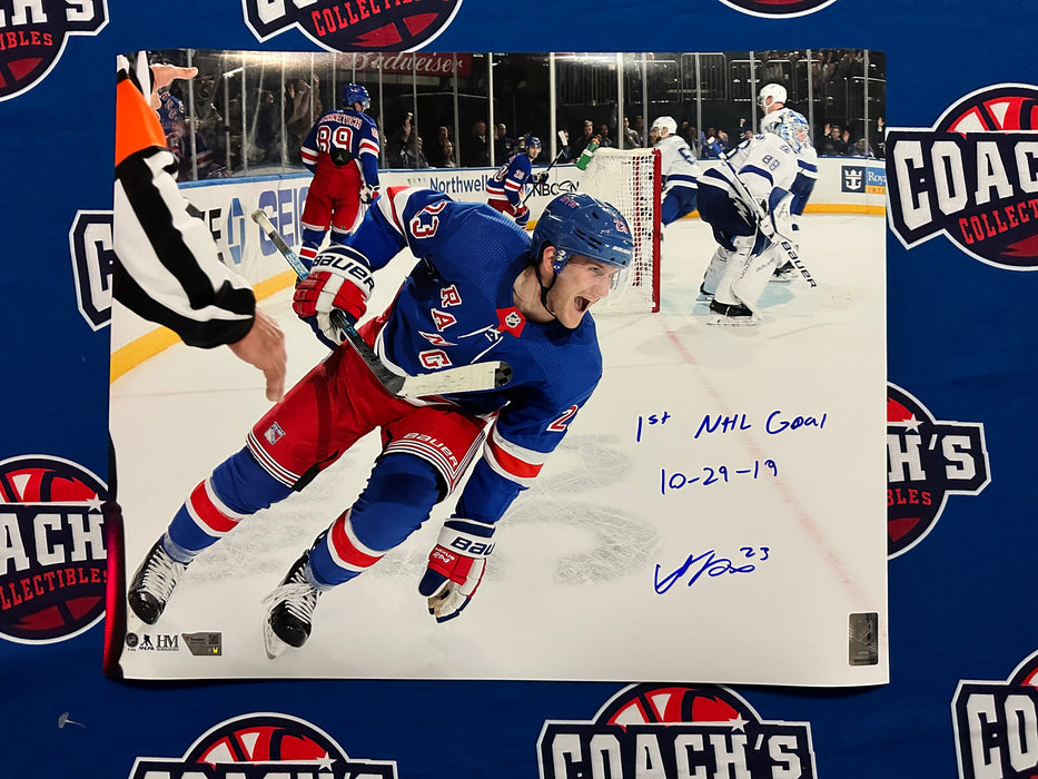 Adam Fox Autographed 16x20 First Goal Photo with 1st NHL Goal 10-29-19 Inscription (Fanatics)