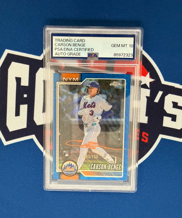 Carson Benge Autographed 2026 Topps Chrome Blue Parallel #85/150 Ref Rookie Card Gem 10 Auto (PSA SLAB)