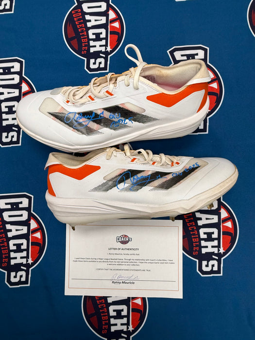 GAME USED Ronny Mauricio Autographed PAIR of Adidas Cleats w/ Game Used 2025 Inscription (JSA)