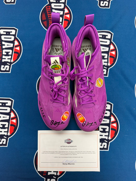 GAME USED Ronny Mauricio Autographed PAIR of Adidas Cleats w/ Game Used 2025 Inscription (JSA)