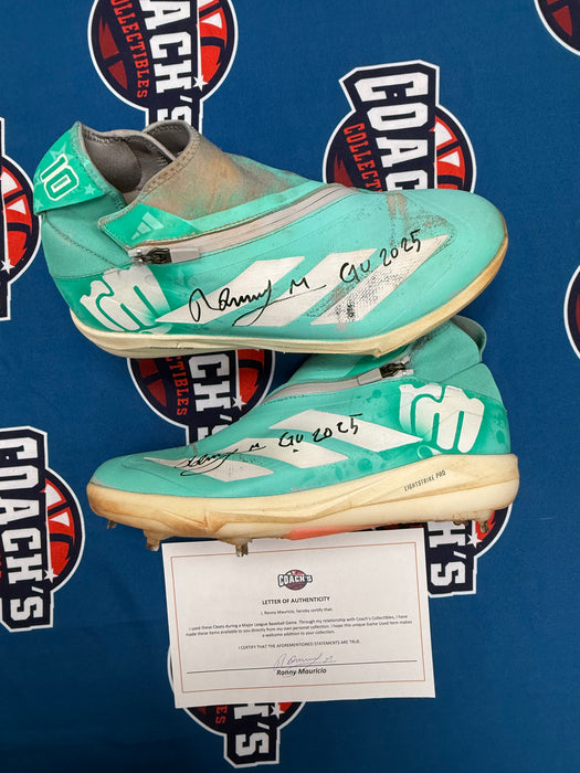 GAME USED Ronny Mauricio Autographed PAIR of Adidas Cleats w/ Game Used 2025 Inscription (JSA)