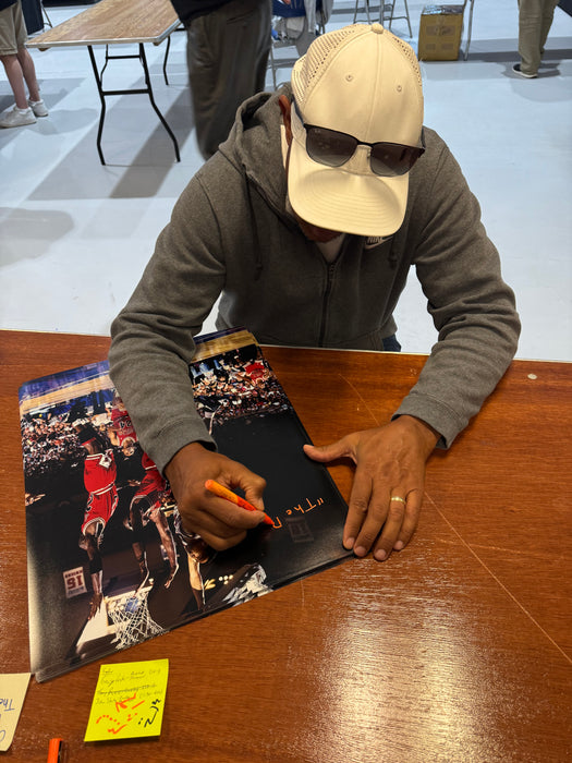 John Starks Autographed The Dunk 16x20 Photo with The Dunk Inscription (JSA)