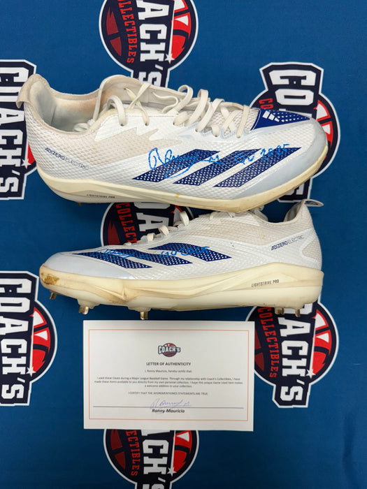 GAME USED Ronny Mauricio Autographed PAIR of Adidas Cleats w/ Game Used 2025 Inscription (JSA)