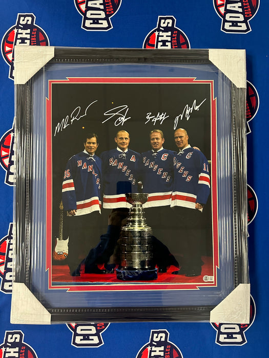 FRAMED Mark Messier, Brian Leetch, Mike Richter, Adam Graves QUAD Signed 16x20 Photo (Beckett)