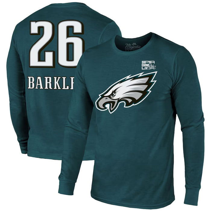 Saquon Barkley Philadelphia Eagles Majestic Threads Super Bowl LIX Player Name & Number Tri-Blend Long Sleeve T-Shirt - Midnight Green